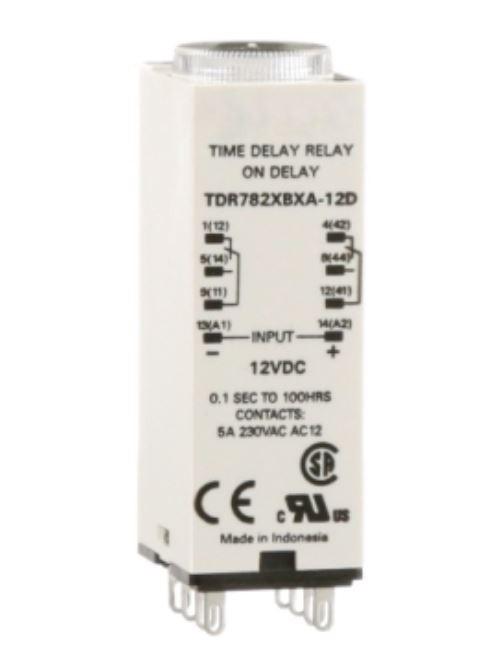 Time delay relay, Harmony SE Relays, DPDT, 100ms to 100hours, 7 time scales, on-delay function, socket compatible, 5A, 12V DC