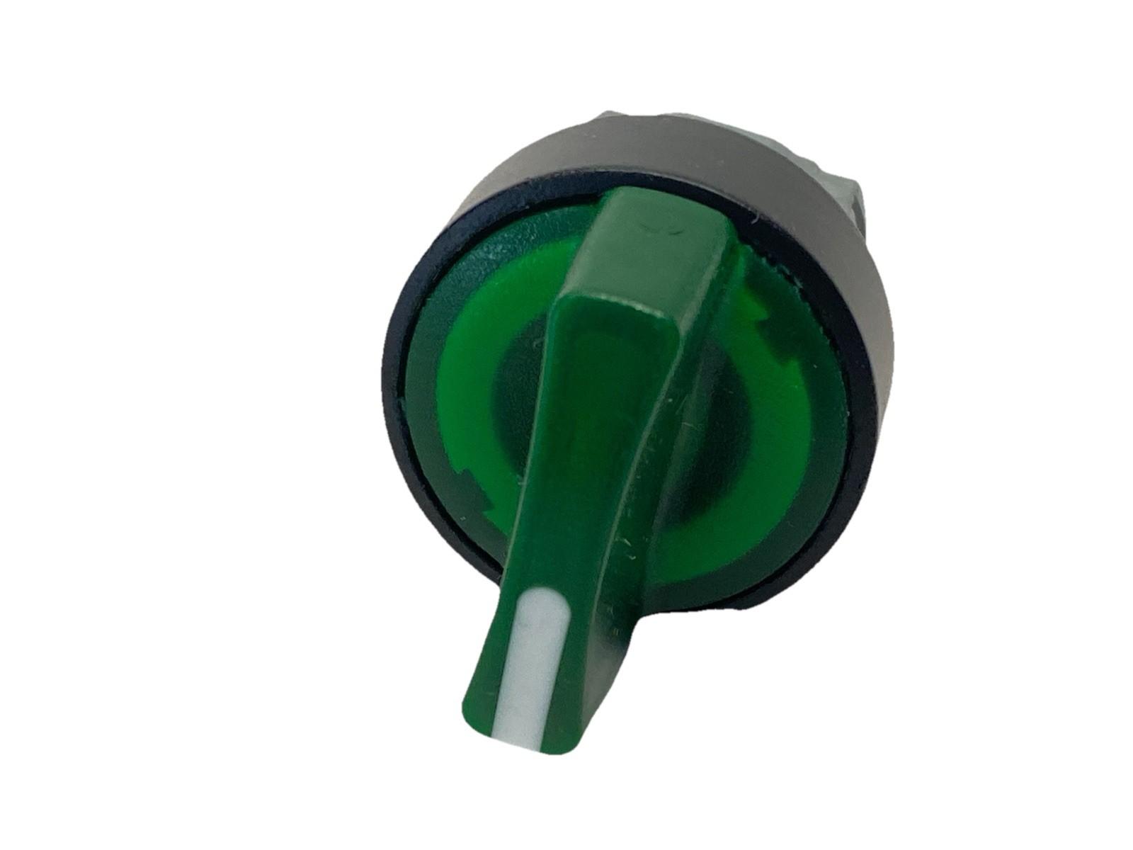Head for illuminated selector switch, Harmony XB4, metal, green handle, 22mm, universal LED, 3 positions, spring return