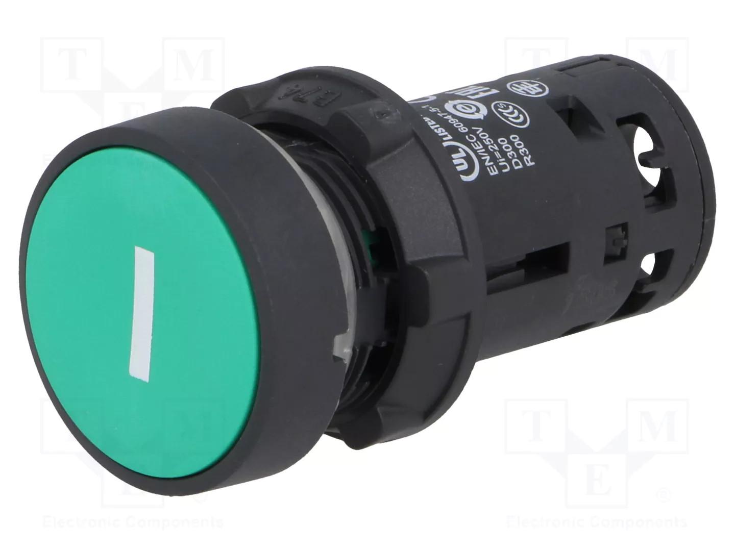 Monolithic push button, Harmony XB7, plastic, green, 22mm, spring return, marked I, 1NO