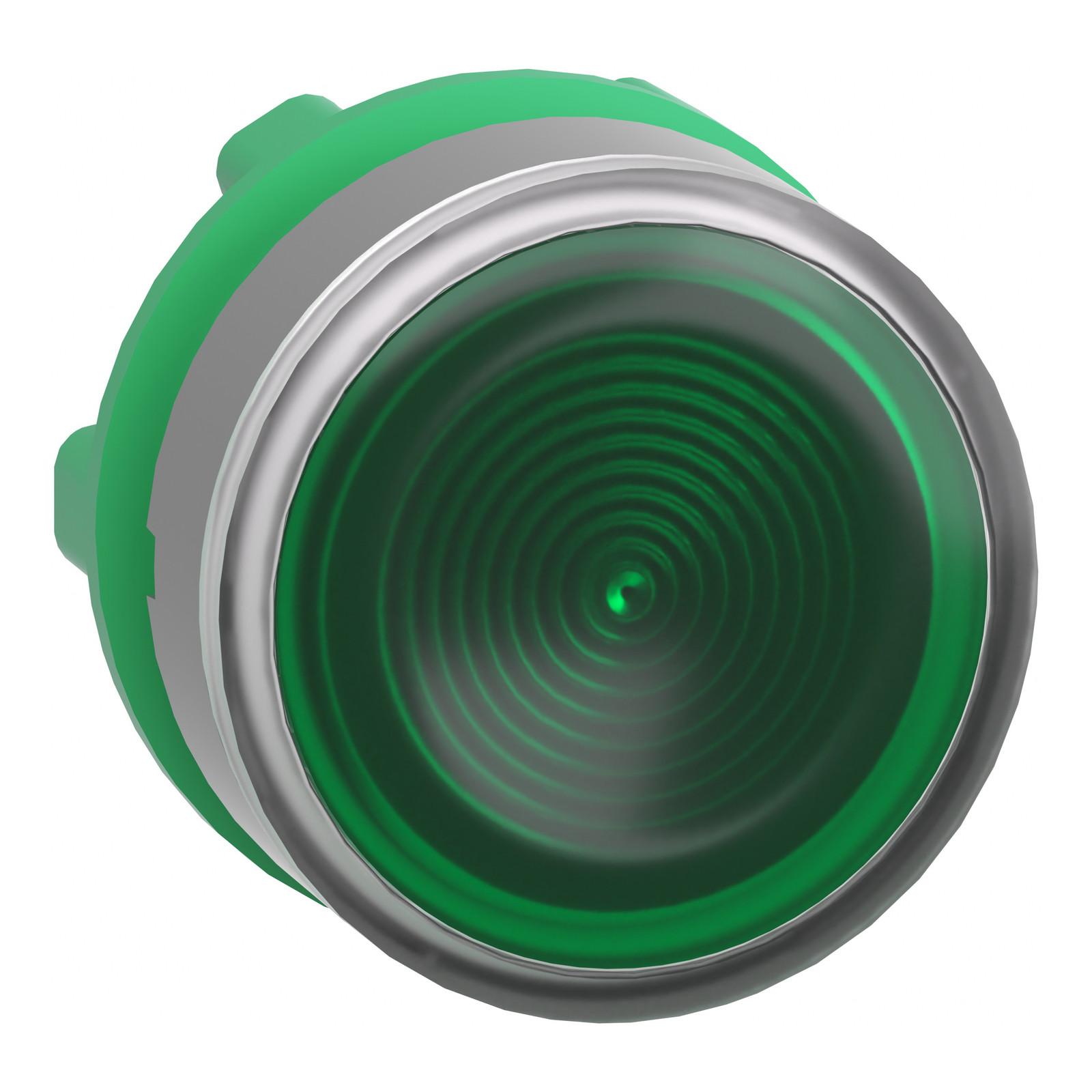 Head for illuminated push button, Harmony XB5, grey bezel, green flush, 22mm, universal LED, grooved lens