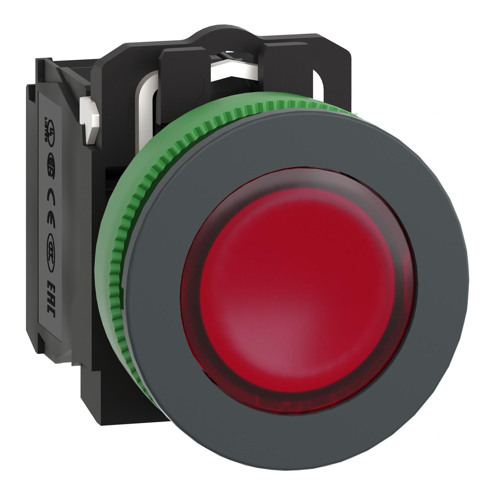 Illuminated push button, Harmony XB5, antimicrobial, plastic, red, 30mm, universal LED, 1NO + 1NC, 110...120V AC