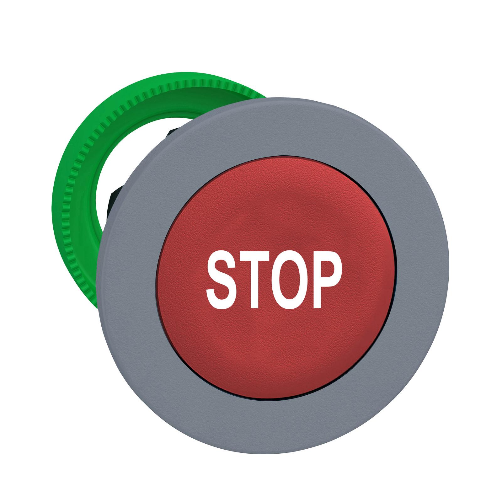Flush mounted push button head, Harmony XB5, plastic, red, 30mm, spring return, marked STOP, grey bezel