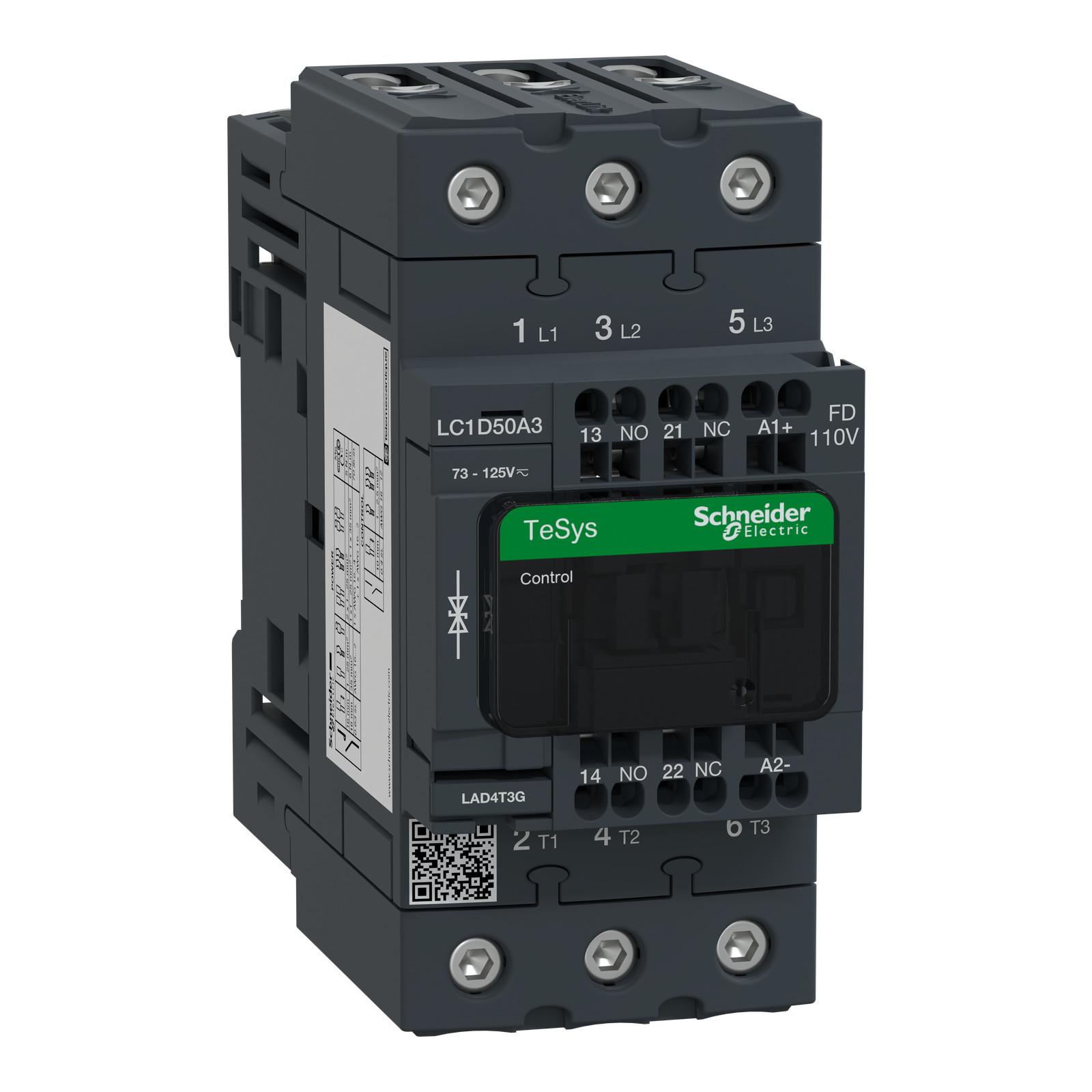 IEC contactor, TeSys Deca, nonreversing, 50A, 40HP at 480VAC, 3 phase, 3 pole, 3 NO, 110VDC coil, open style