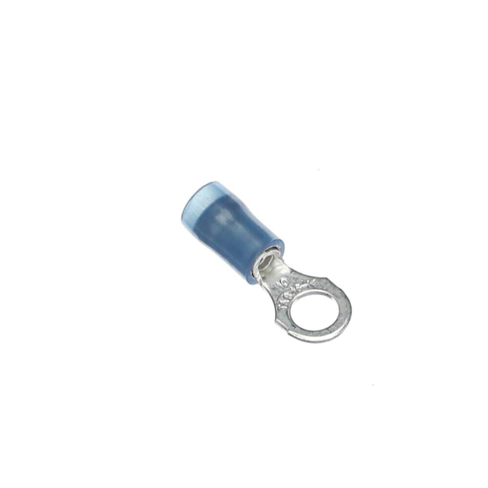Nylon Insulated Ring Terminal, Length .89 Inches, Width .31 Inches, Maximum Insulation .162, Bolt Hole #10, Wire Range #18-#14 AWG, Color Blue, Copper, Tin Plated