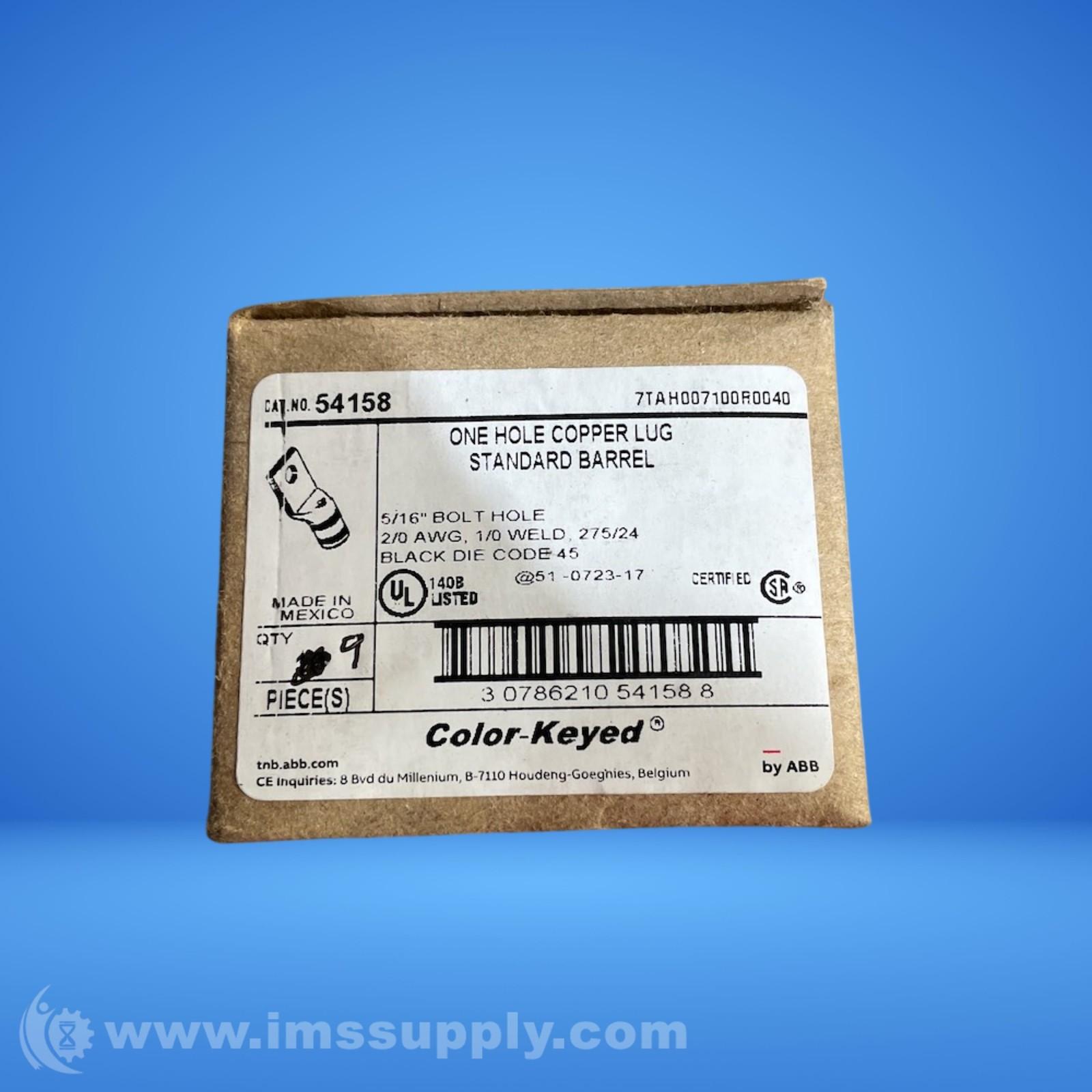 Copper One-Hole Lug, Standard Barrel, Peep Hole, Max 35kV, Wire Size 2/0 AWG, 5/16 Inch Bolt Size, Tin Plated, Die Code 45, Die Color Code Black