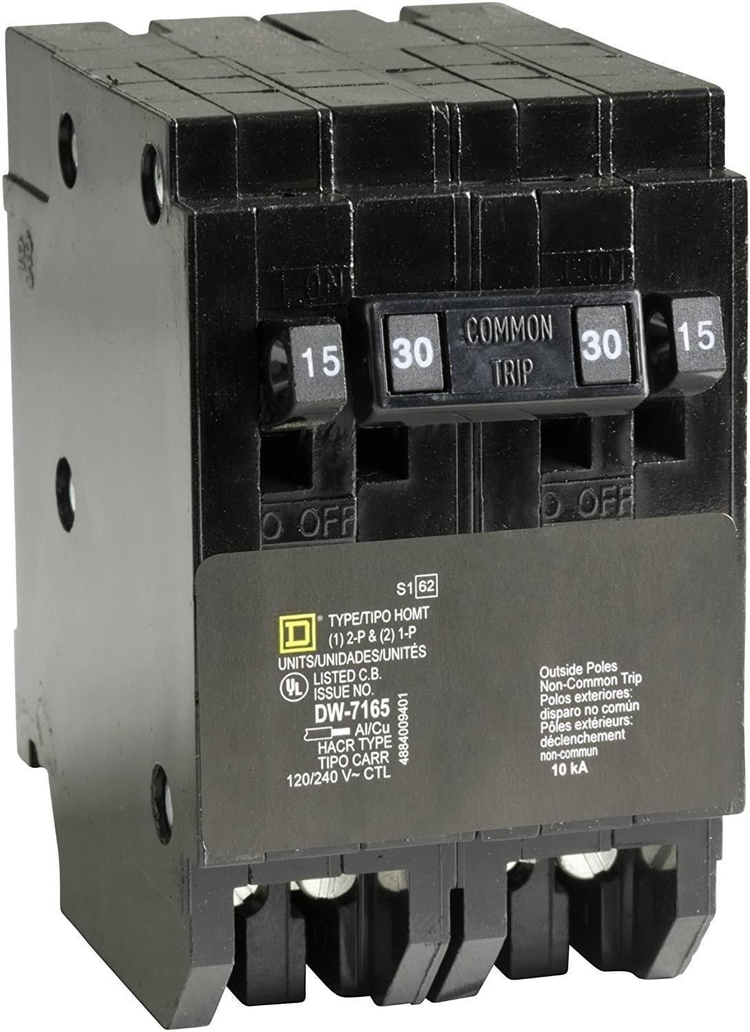 Tandem circuit breaker, Homeline, 2 x 1 pole at 15A, 1 x 2 pole at 30A, 120/240VAC, 10kA AIR, plug in, UL