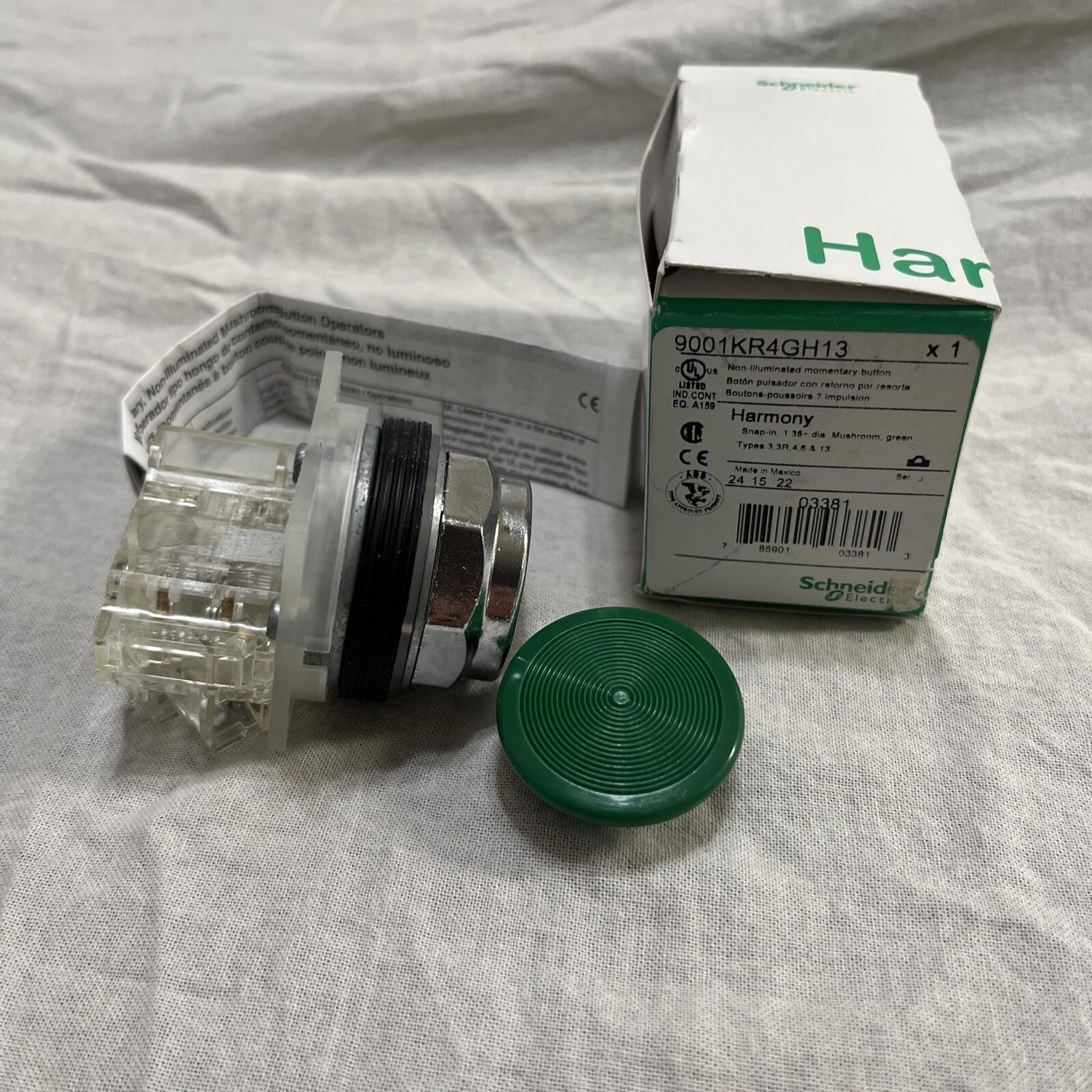 Push-button, Harmony 9001K, metal, snap-in plastic mushroom 35mm, green, 30mm, spring return, 1 C/O