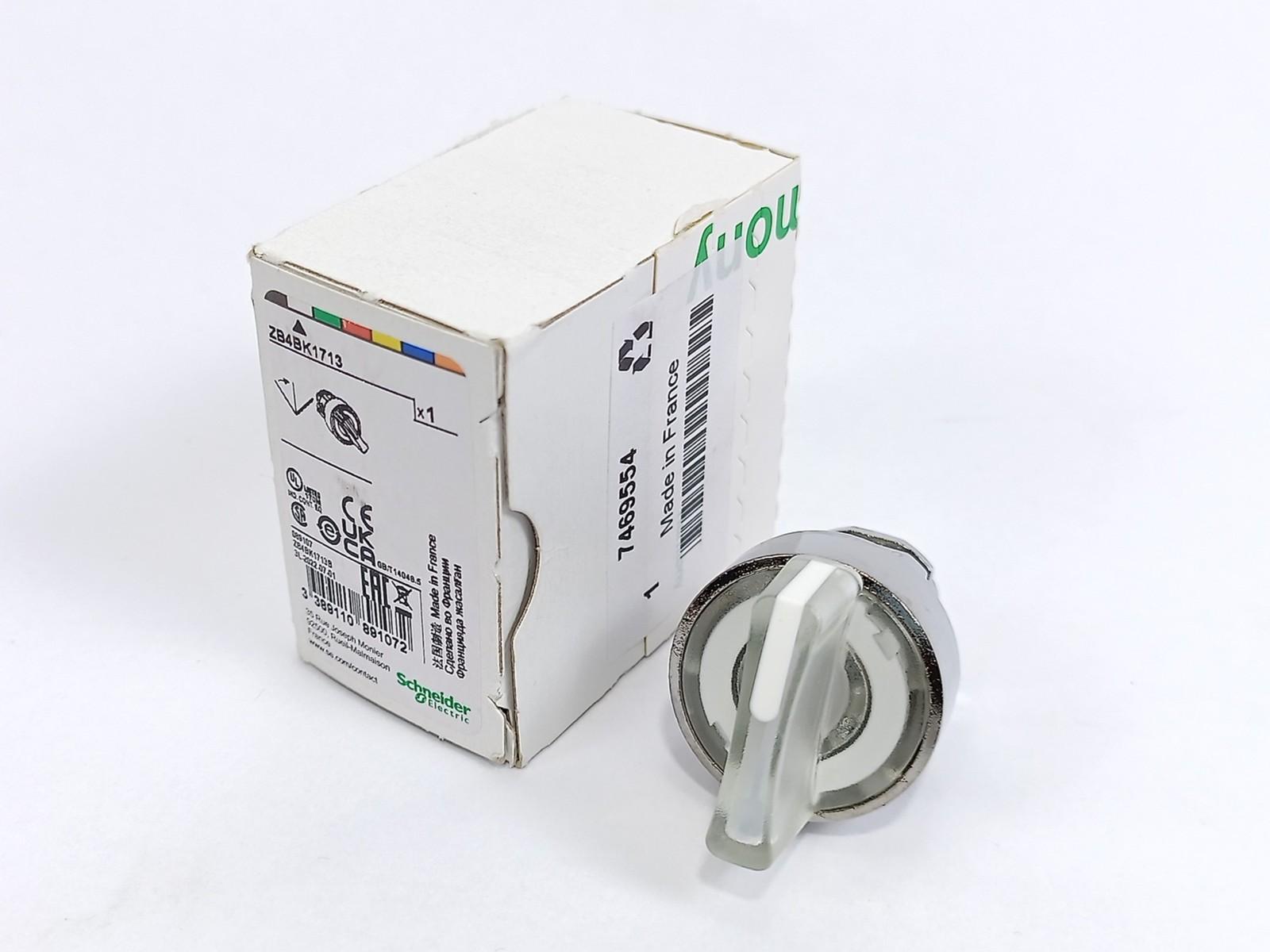 Head for illuminated selector switch, Harmony XB4, chromium metal, white handle, 22mm, universal LED, 3 positions,