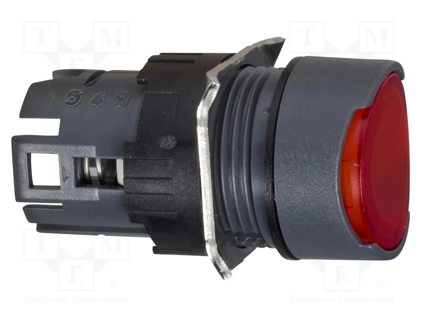 Head for illuminated push button, Harmony XB6, red flush, 16mm, integral LED, spring return, 12…24V, unmarked