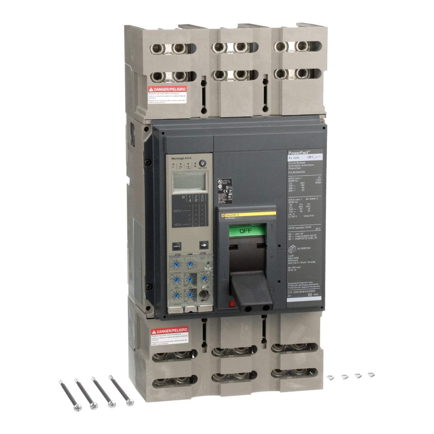 Circuit breaker, PowerPacT P, 1200A, 3 pole, 600VAC, 25kA, lugs, Micrologic 6.0A, 80%