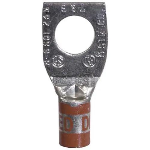 Copper One-Hole Lug, Standard Barrel, Peep Hole, Max 35kV, Wire Size #8 AWG, 5/16 Inch Bolt Size, Tin Plated, Die Code 21, Die Color Code Red