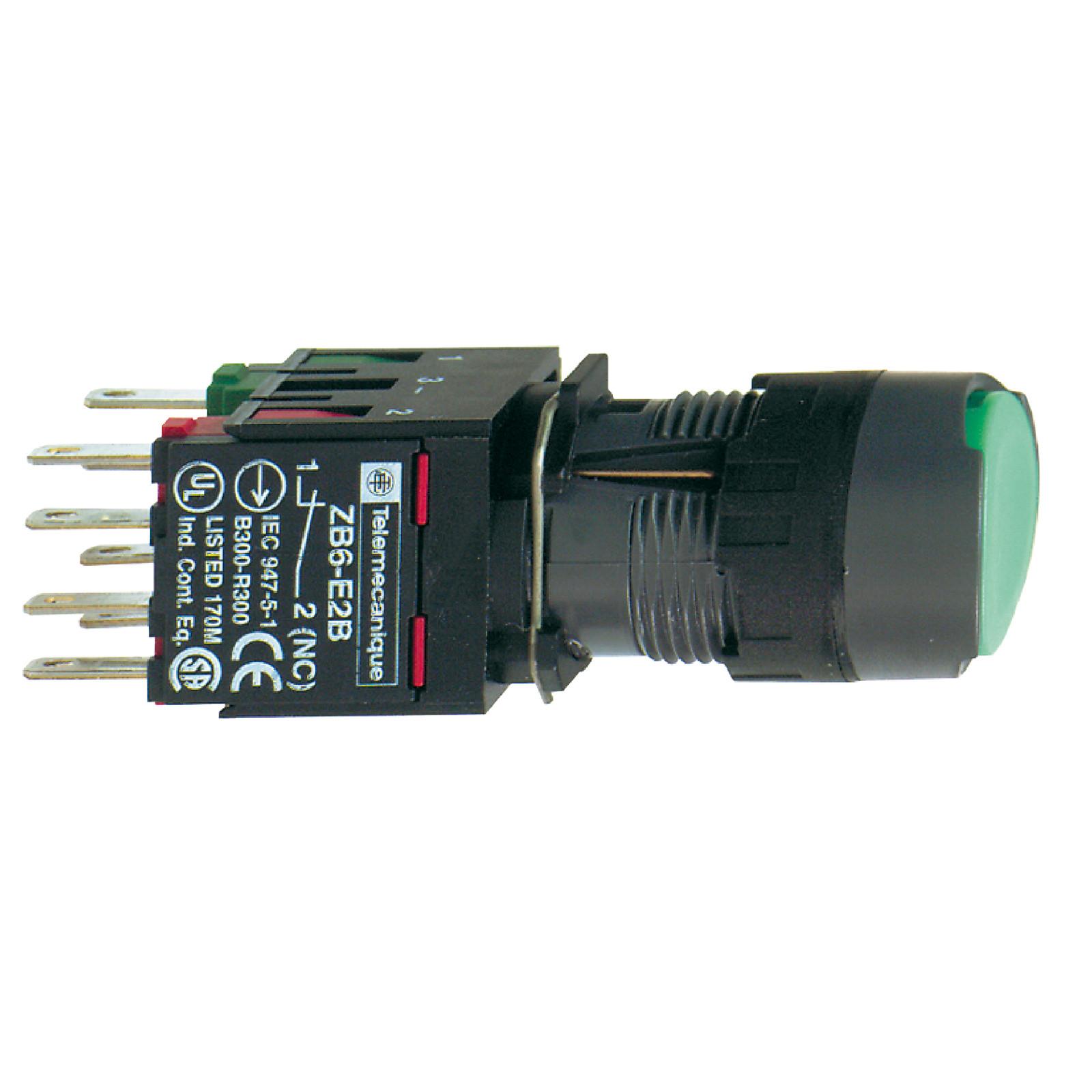 Complete illuminated push button, Harmony XB6, green flush, 16mm, latching, 1NO + 1NC, 12...24V