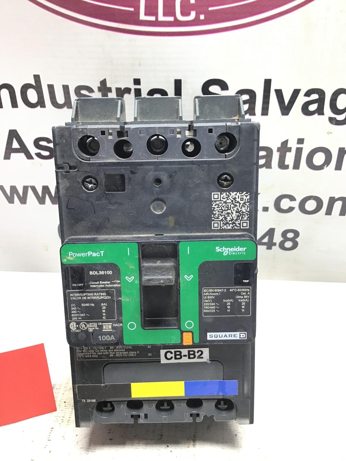 Circuit breaker, PowerPacT B, 100A, 3 pole, 600Y/347VAC, 14kA, lugs, thermal magnetic, 80%