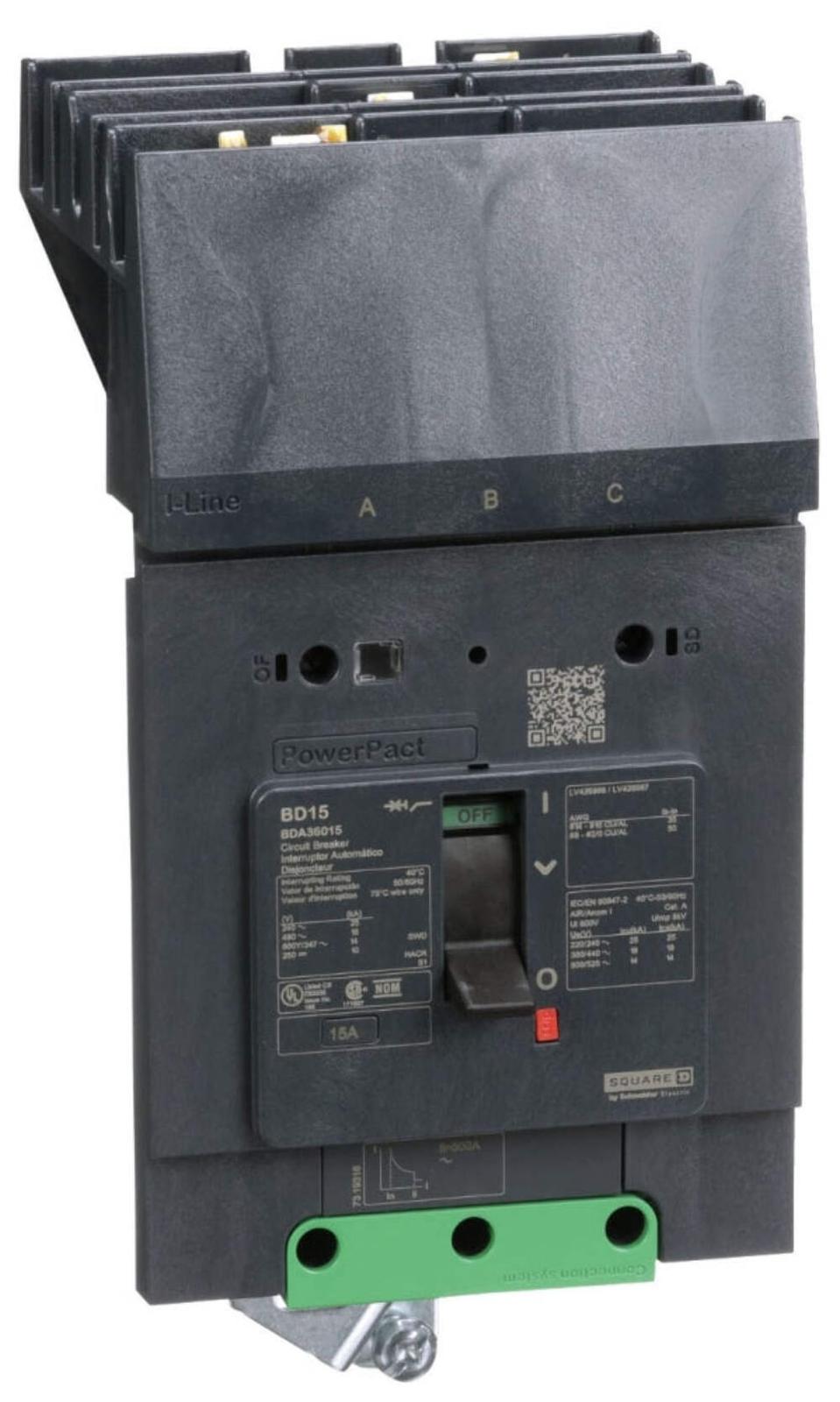 Circuit breaker, PowerPacT B, 25A, 3 pole, 600Y/347VAC, 14kA, I-Line, thermal magnetic, 80%, ABC
