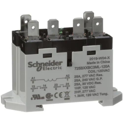 Power relay, SE Relays, 25A, 2NO, 120VAC, LED push button, blade terminals, DIN or panel mount