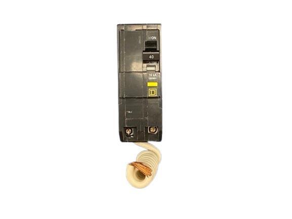 Mini circuit breaker, QO, 40A, 2 pole, 120/240VAC, 10kA, 6mA grd fault A, pigtail, plug in mount