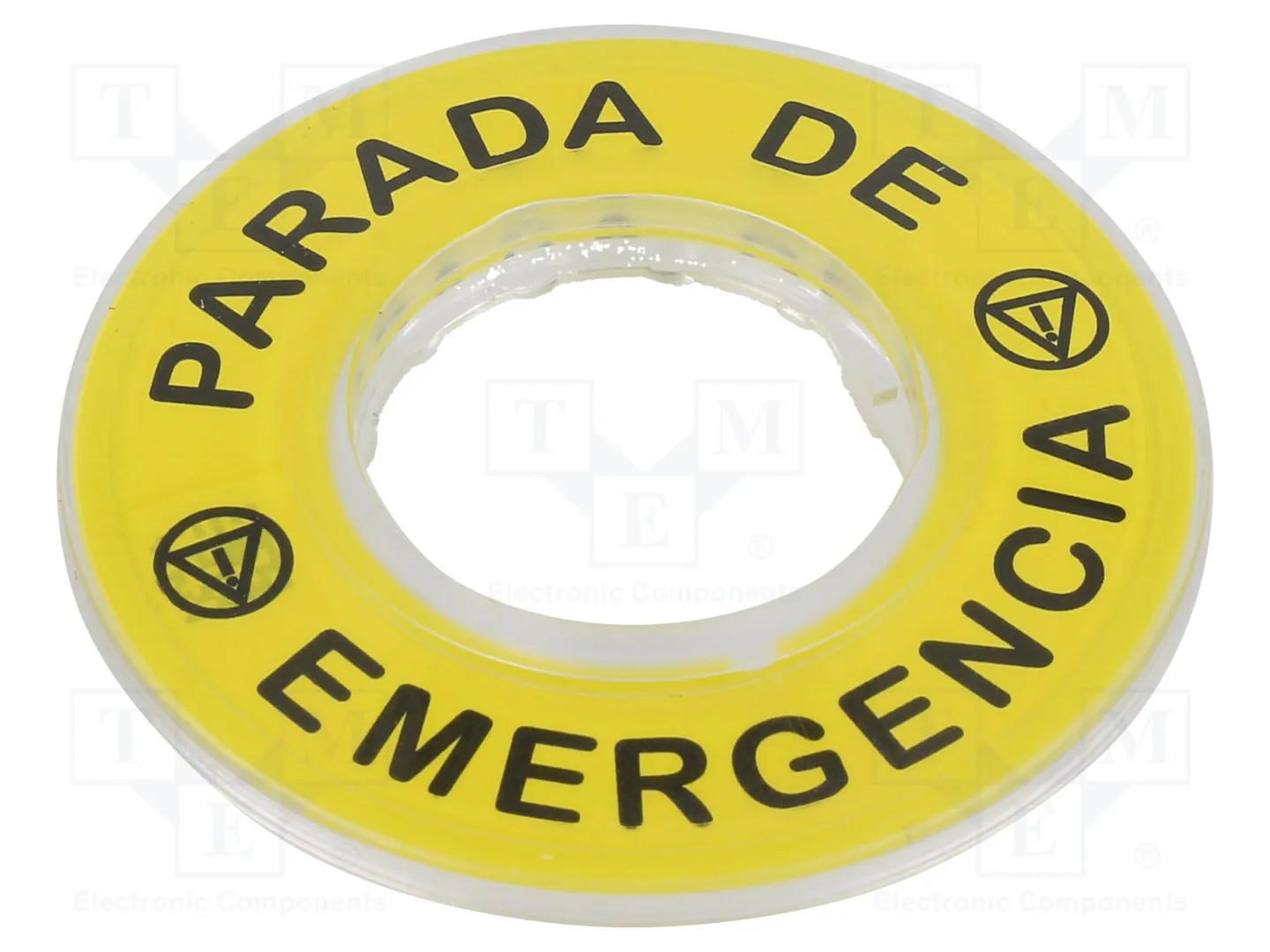 Legend, Harmony XB4, plastic, yellow, 90mm, for emergency stop, marked PARADA DE EMERGENCIA with logo ISO13851