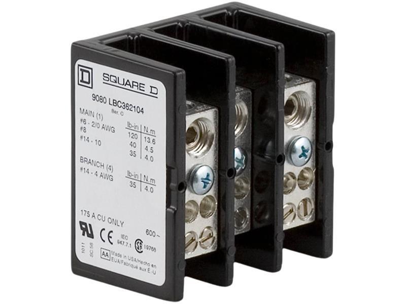 Power distribution block, Linergy, 3 pole, 1 line, 4 load, 175A Cu, 600V