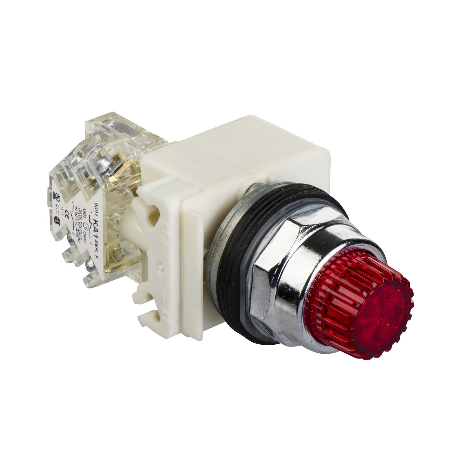 Illuminated push-button, Harmony 9001K, metal, projecting, red, 30mm, spring return, 24-28V, 1 C/O