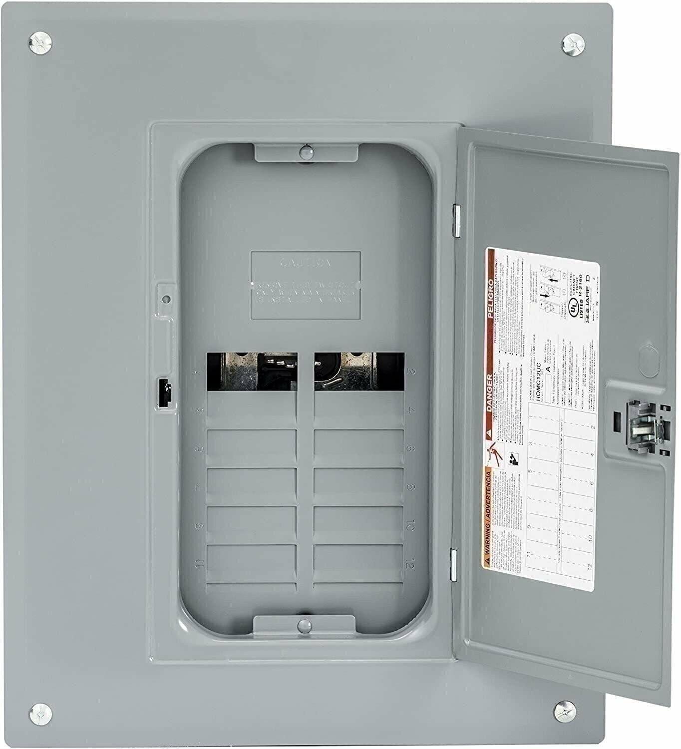 Load center, Homeline, 1 phase, 12 spaces, 24 circuits, 125A convertible main lugs, PoN, NEMA1, gnd bar, combo cover