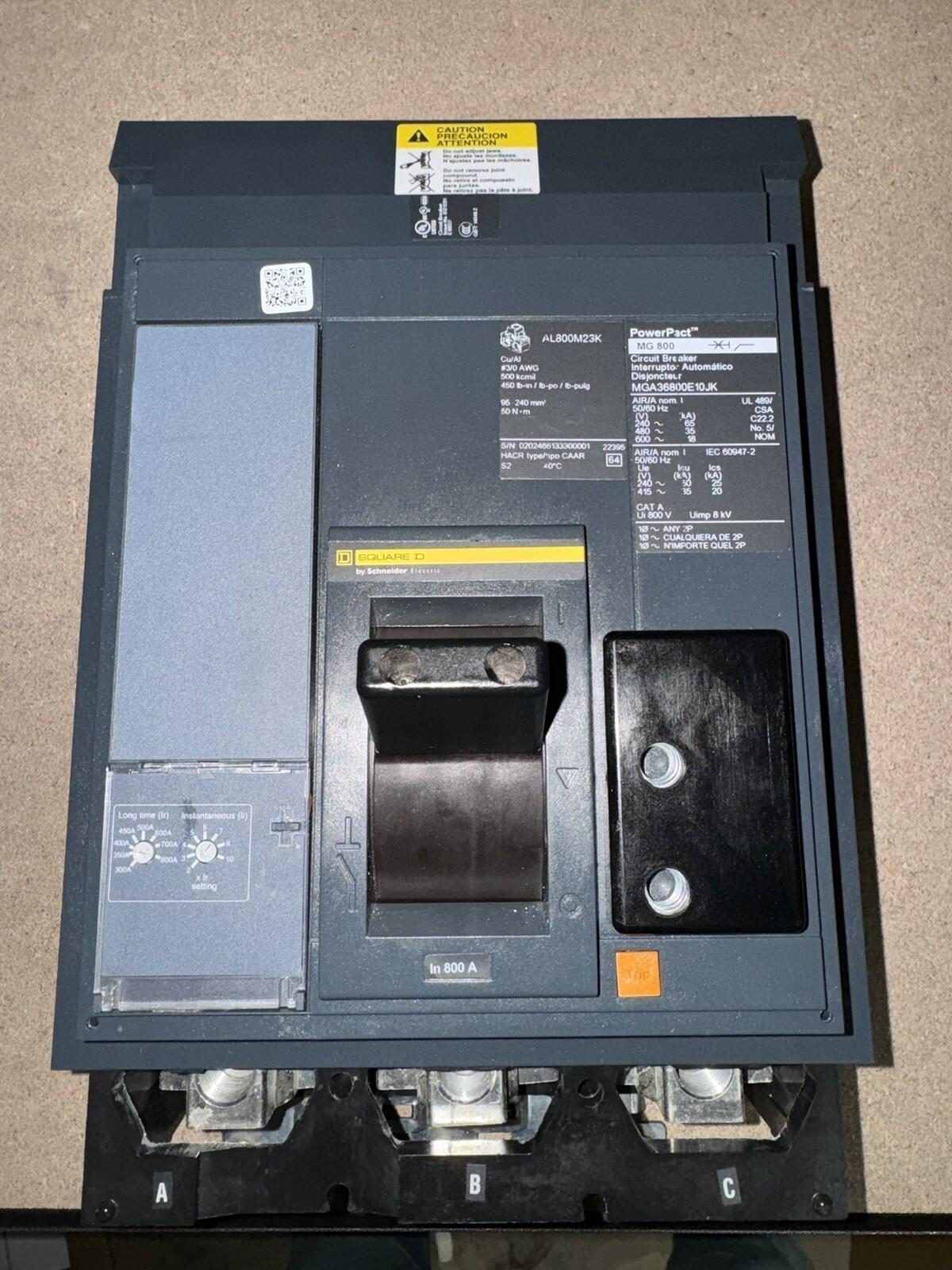 Circuit breaker, PowerPacT M, 300A to 800A, 3 pole, 600VAC, 18kA, I-Line, adjustable trip, 80%, ABC