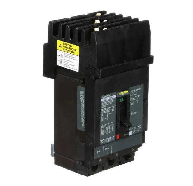 Circuit breaker, PowerPacT H, 30A, 3 pole, 600VAC, 25kA, I-Line, thermal magnetic, 80%, ABC