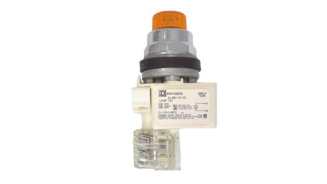 Illuminated push-button, Harmony 9001K, metal, projecting, amber, 30mm, spring return, 24-28V, 1 C/O