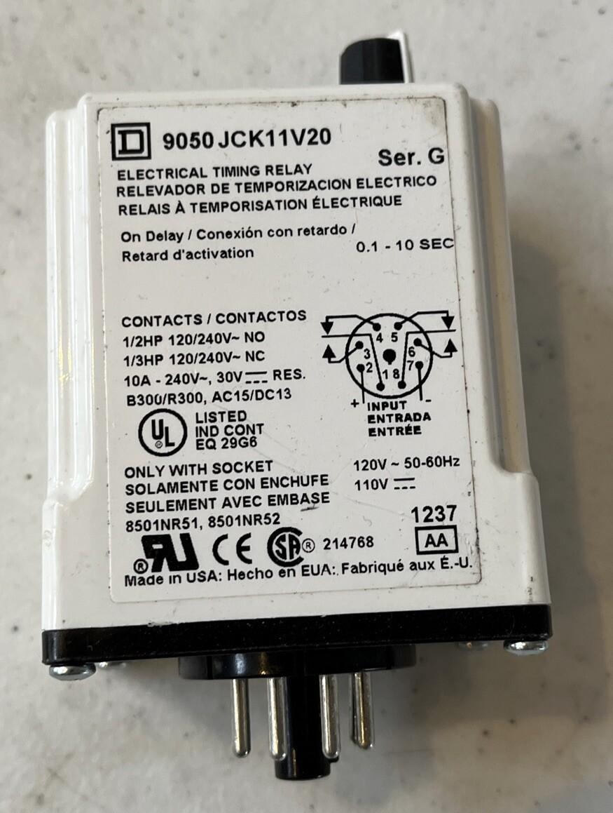 Timing Relay, Type JCK, plug In, on delay, adjustable time, 0.1 to 10 seconds, 10A, 240 VAC, 120 VAC/110 VDC