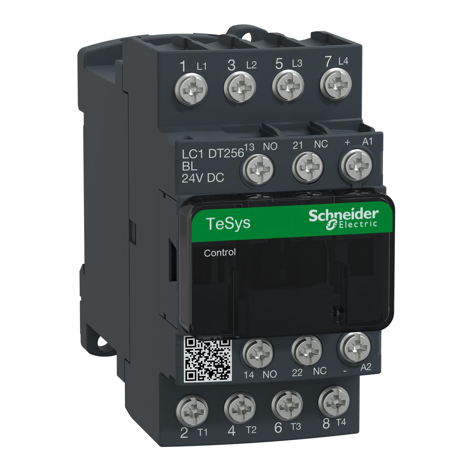 IEC contactor, TeSys Deca, nonreversing, 25A resistive, 4 pole, 4 NO, low consumption 24VDC coil, open style