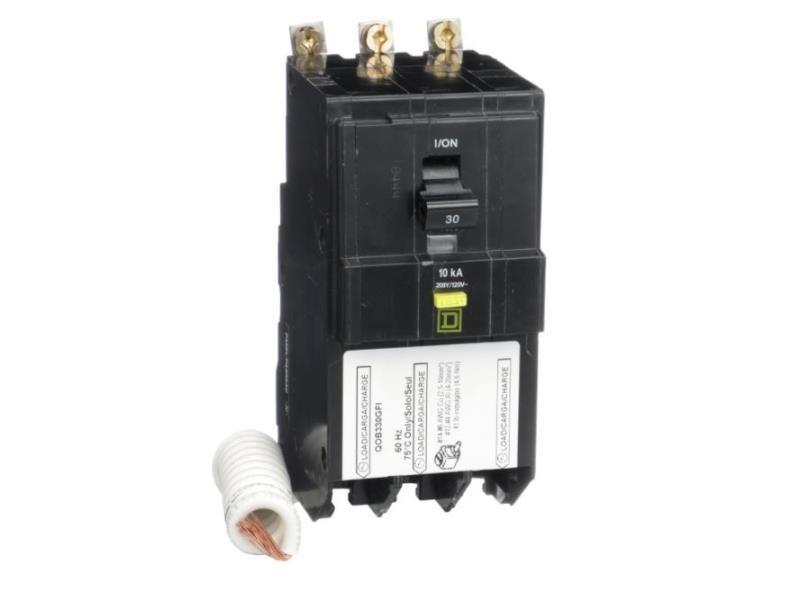 Mini circuit breaker, QO, 30A, 3 pole, 208Y/120VAC, 10kA, 6mA grd fault A, pigtail, bolt on mount