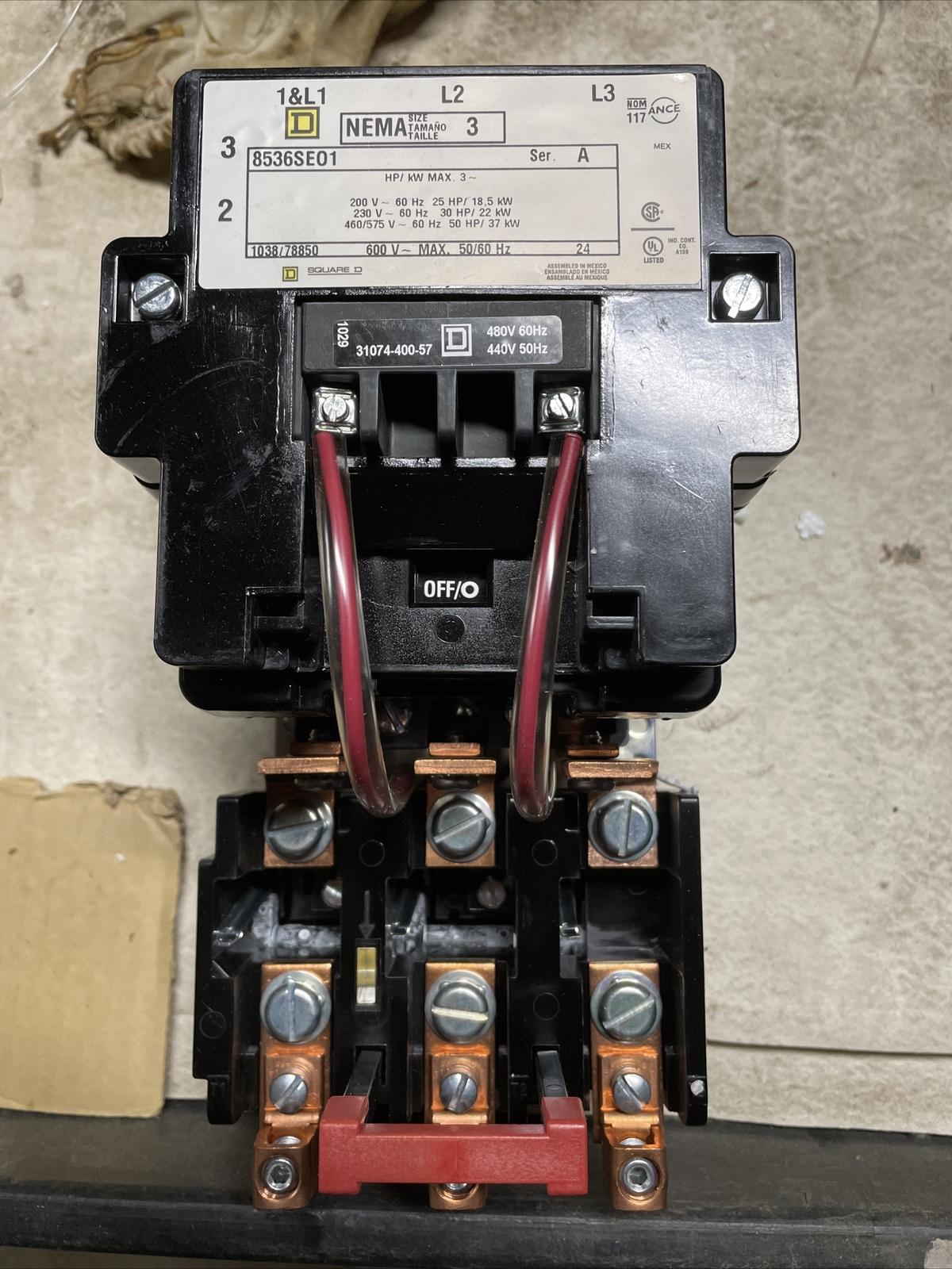 NEMA motor starter, Type S, nonreversing, Size 3, 90A, 50HP at 460VAC, 5kA SCCR, 3 phase, 3 pole, melting alloy, 480VAC coil, open