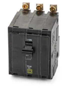 Mini circuit breaker, QO, 80A, 3 pole, 120/240VAC, 10kA, bolt on mount