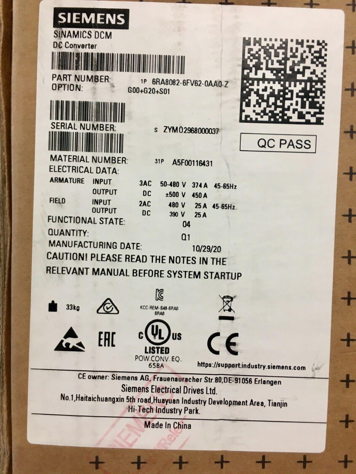 SINAMICS DCM DC CONVERTER DRIVE 6RA8082-6FV62-0AA0-Z