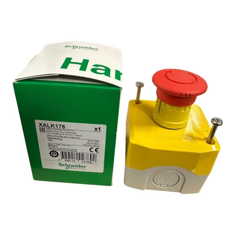 Complete control station, Harmony XALK, XALD, plastic, yellow lid, 1 red mushroom push button 40mm, turn to release, 1NC