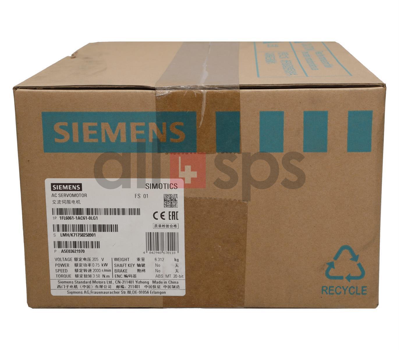 SIMOTICS S-1FL6-1FL6 SERVOMOTR PN=0.75KW, 1FL6061-1AC61-0LG1 NS)