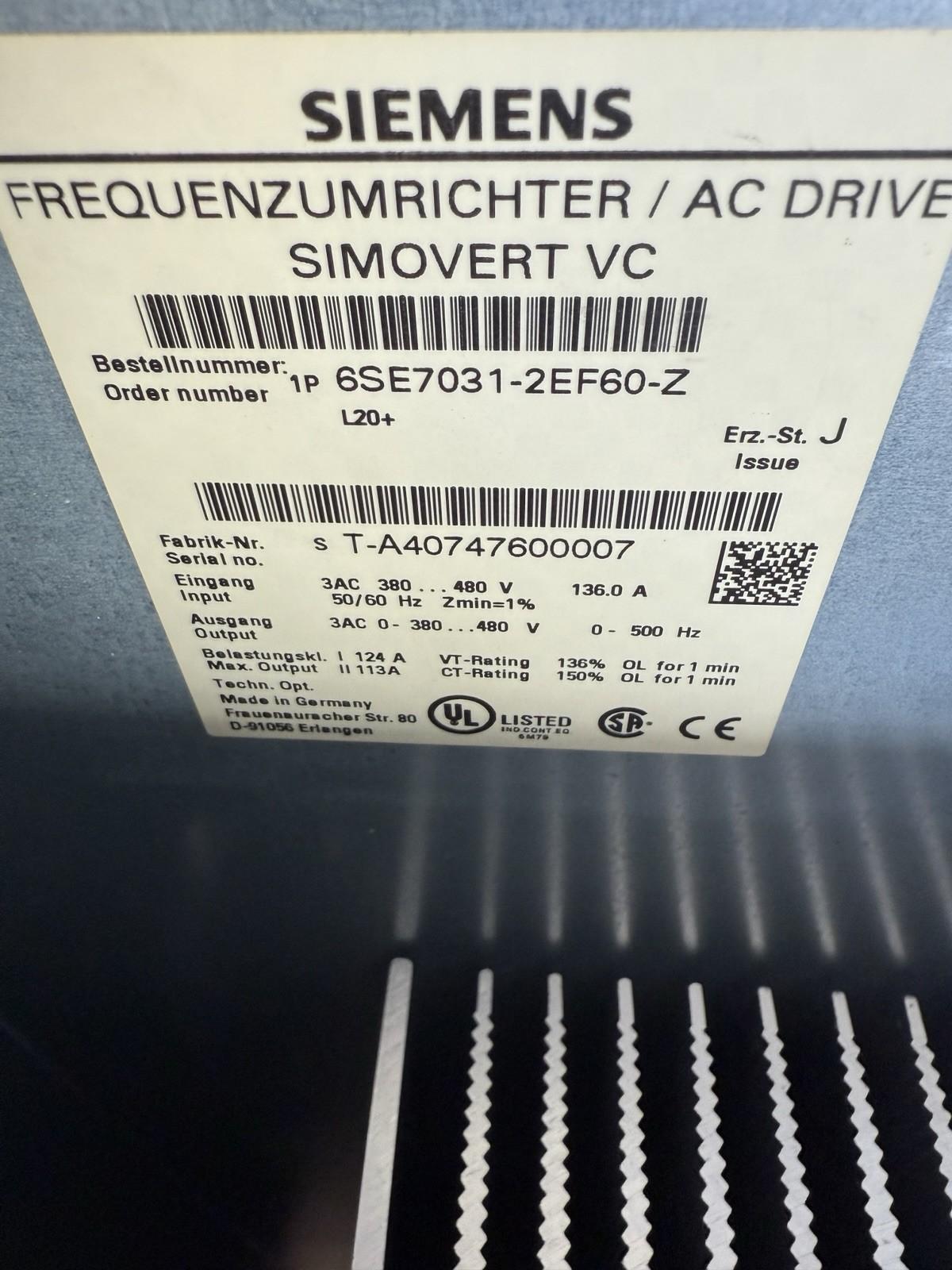 SIMOVERT VC Inverter 6SE7031-2EF60-Z Z=G91