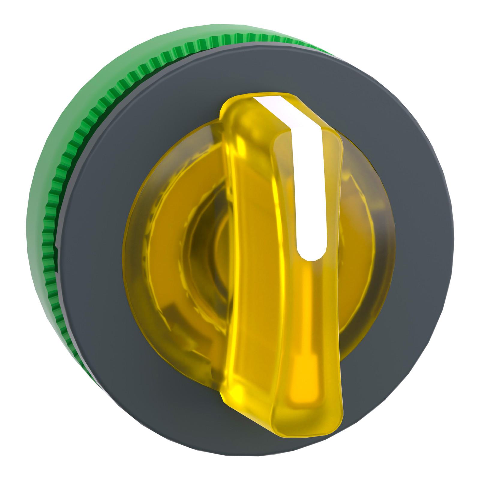 Head for illuminated selector switch, Harmony XB5, plastic, yellow handle, flush mounted, universal LED, 3 positions