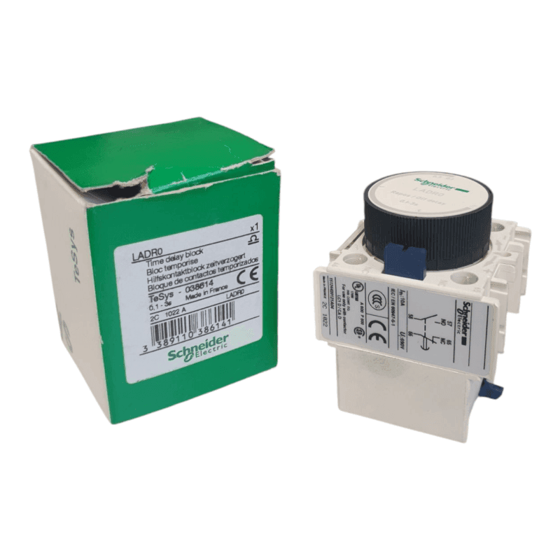 Time delay auxiliary contact block, TeSys Deca, 1NO + 1NC, off delay 0.3-3s, front, screw clamp terminals