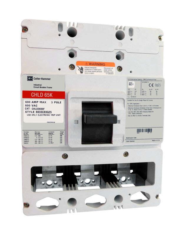 Eaton Series C molded case circuit breaker frame, L-frame, CHLD, Frame only, Fixed thermal, fixed magnetic trip type, Three-pole, 600A, 600 Vac, 250 Vdc, 65 kAIC at 480 Vac, 50/60 Hz, 100% rated