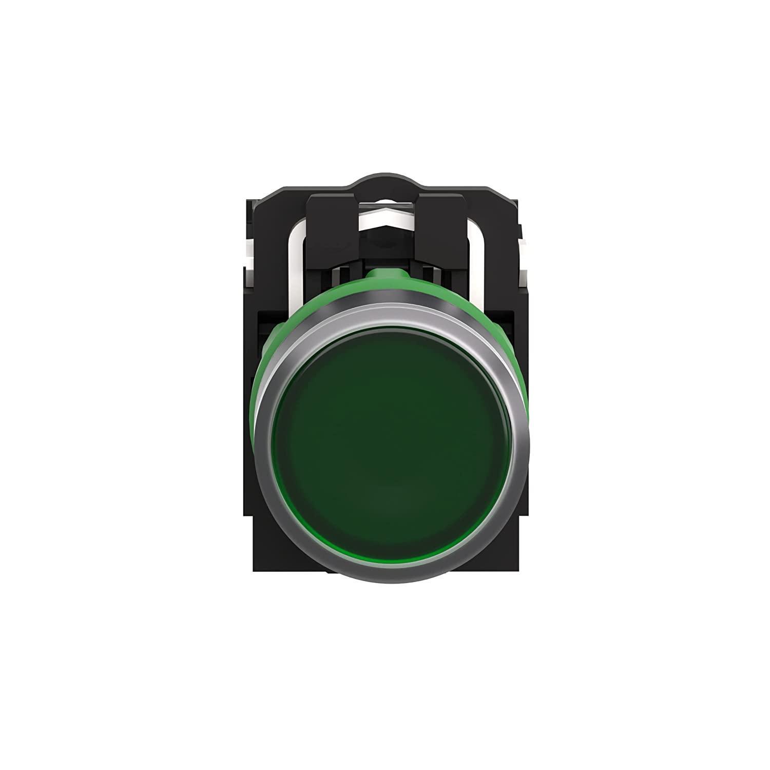 Illuminated push button, Harmony XB5, plastic, green flush, 22mm, universal LED, plain lens, 1NO + 1NC, 24V AC DC