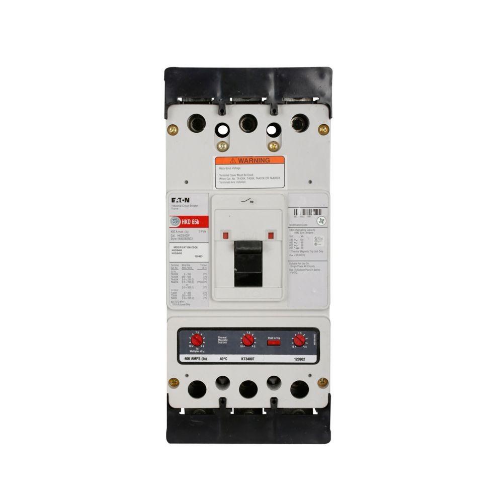 Eaton Series C complete molded case circuit breaker, K-frame, HKD, Molded case switch, Fixed thermal, fixed magnetic trip, Three-pole, 400A, 600 Vac, 250 Vdc, 100 kAIC at 240 Vac, 65 kAIC at 480 Vac, Without terminals, 50/60 Hz
