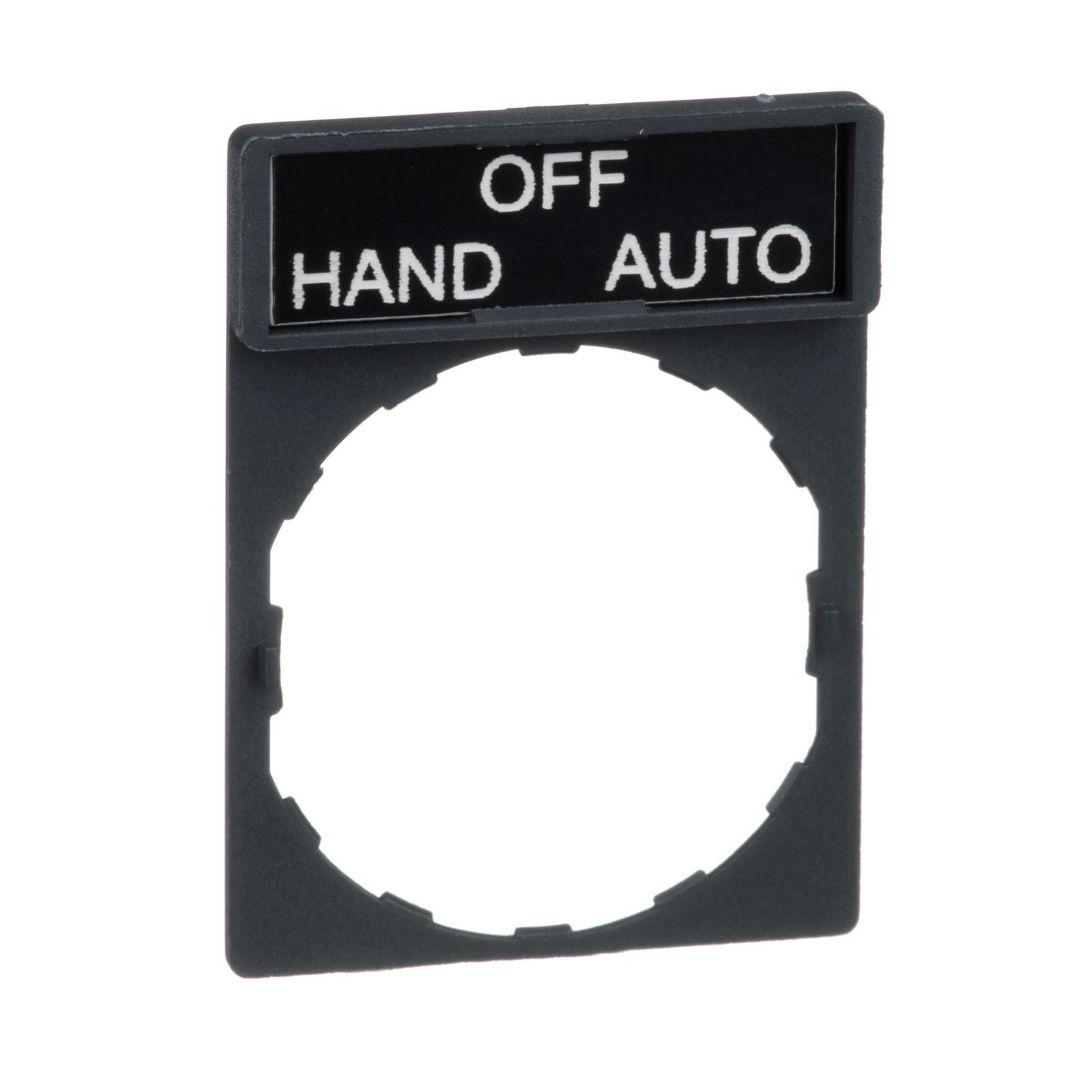 Harmony, 22mm Push Button, legend holder 30 x 40 mm, with legend 8 x 27 mm, marked HAND OFF AUTO