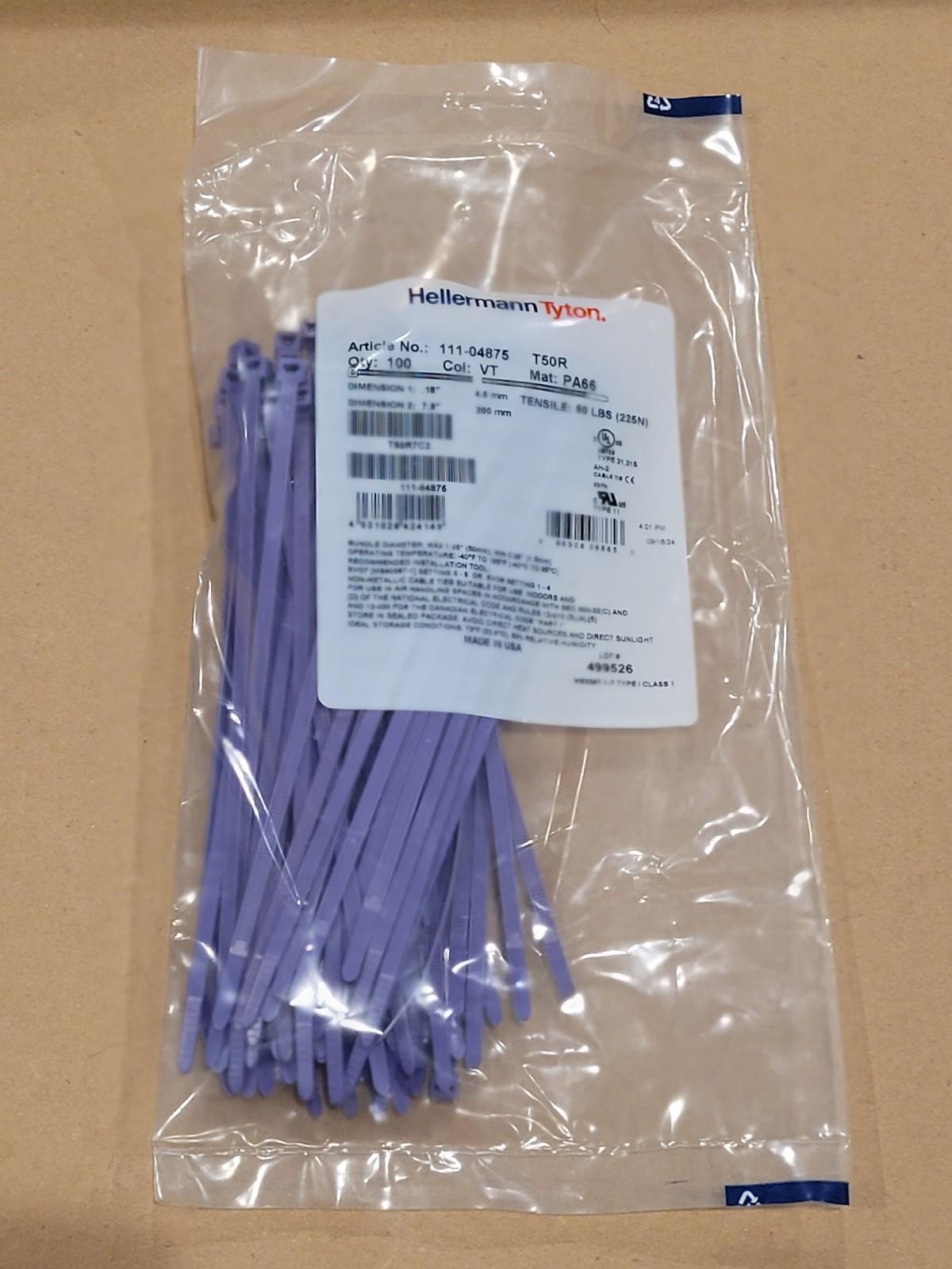 Cable Tie, 8" Long, UL Rated, 50lb Tensile Strength, PA66, Purple, 100/pkg