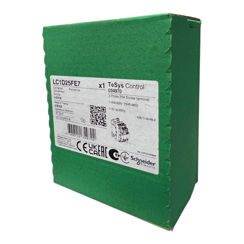 IEC contactor, TeSys Deca, nonreversing, 25A, 15HP at 480VAC, up to 100kA SCCR, 3 phase, 3 NO, 115VAC 50/60Hz coil, open