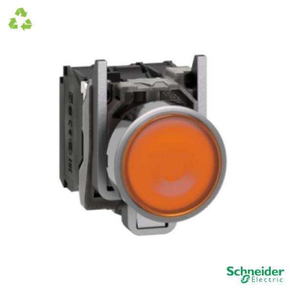 Illuminated push button, Harmony XB4, metal, orange flush, 22mm, universal LED, plain lens, 1NO + 1NC, 24V AC DC