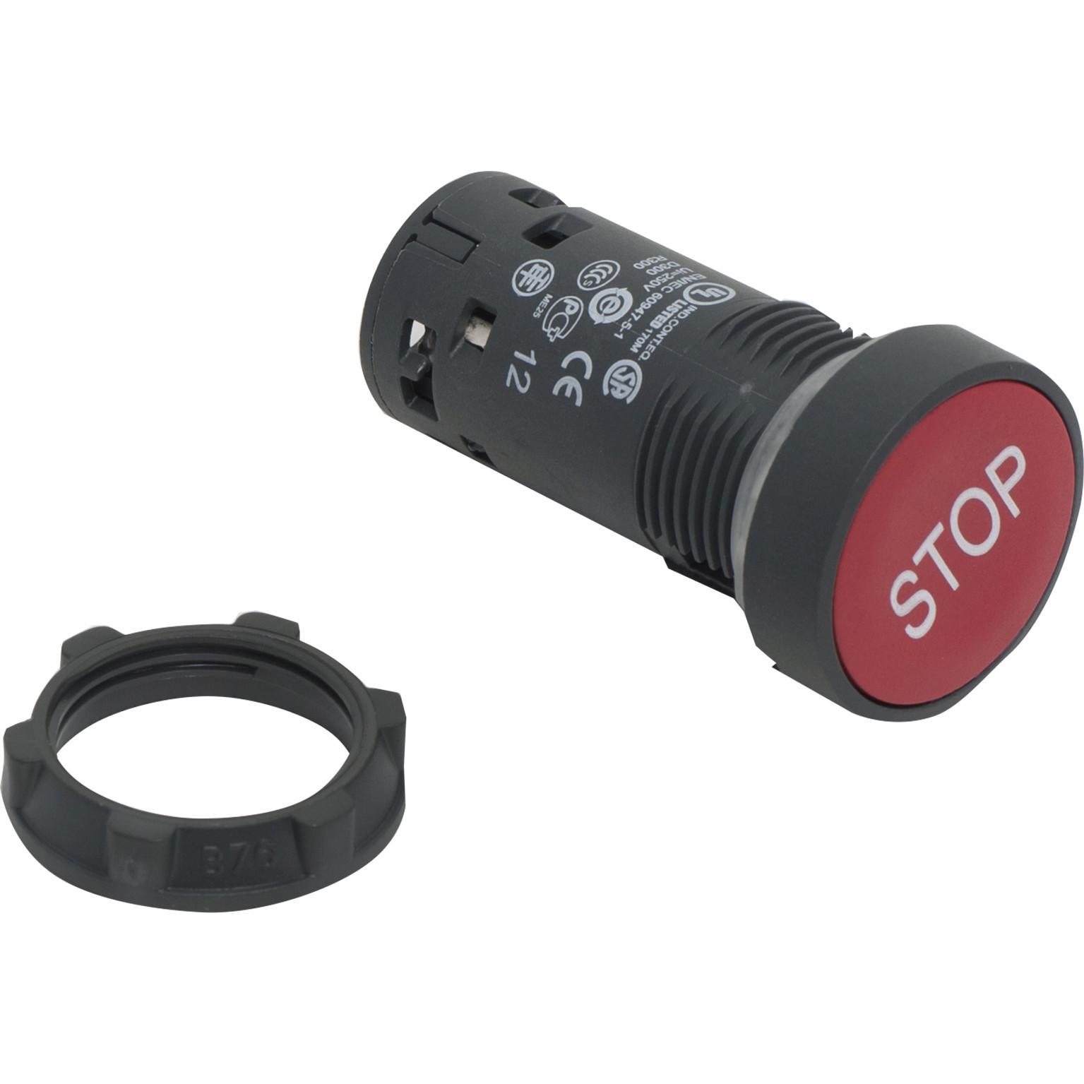 Monolithic push button, Harmony XB7, plastic, red, 22mm, spring return, marked STOP, 1NC