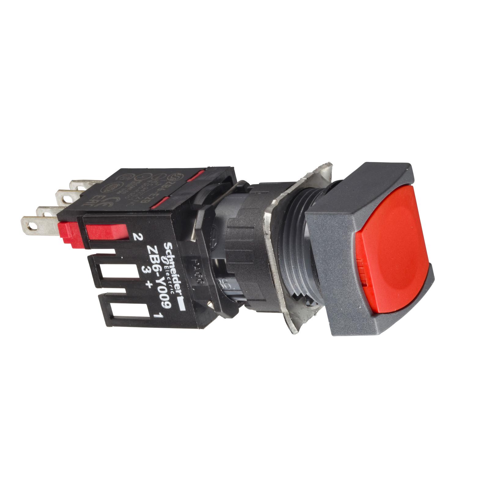 Complete push button, Harmony XB6, red square flush pushbutton Ø 16 spring return 1NO+1NC unmarked