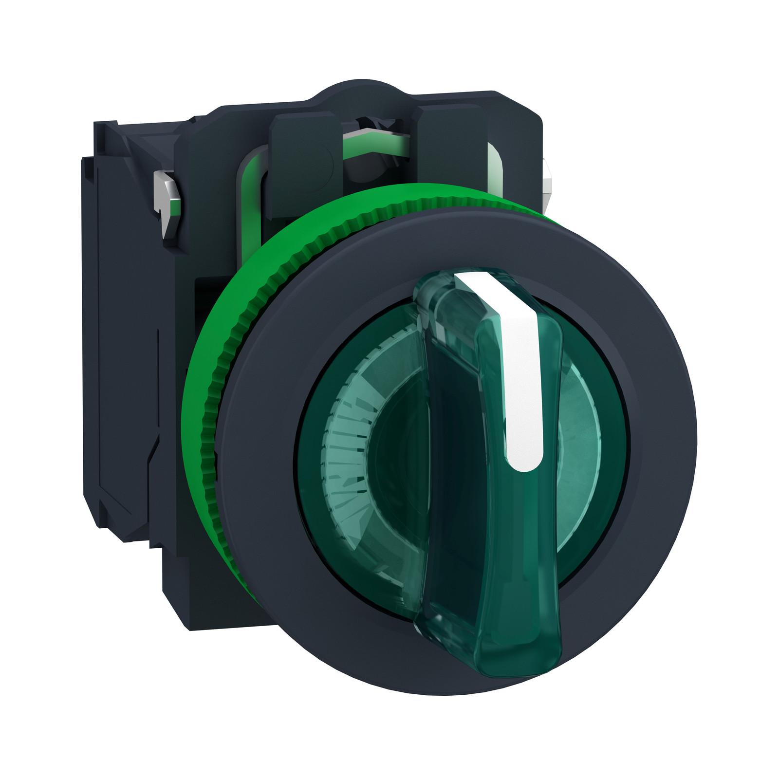 Illuminated selector switch, Harmony XB5, grey plastic, green handle, 30mm, universal LED, 3 positions, 1NO + 1NC, 230...240V AC
