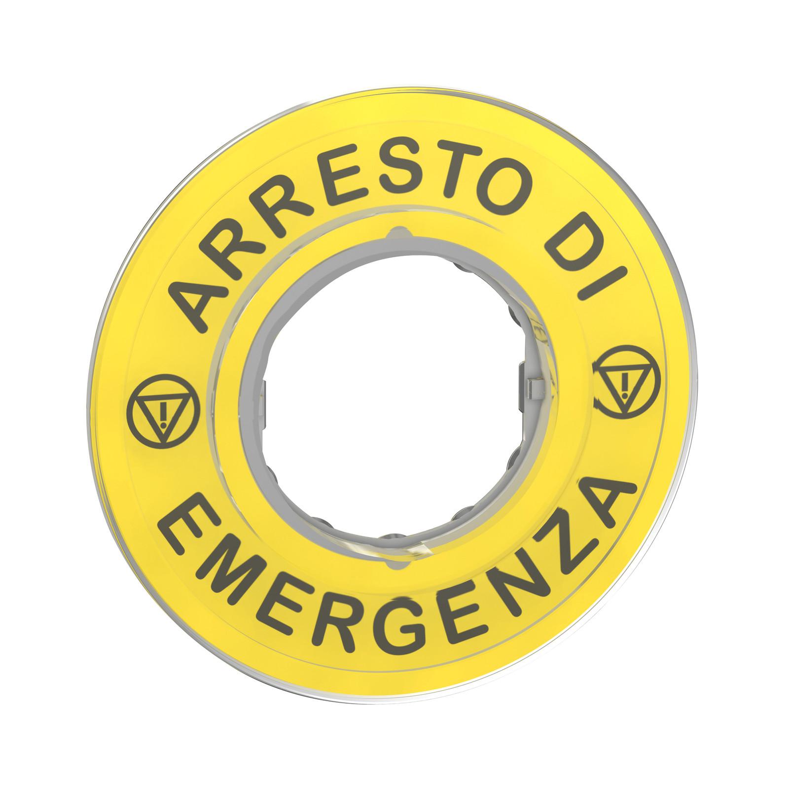 Legend, Harmony XB4, plastic, yellow, 90mm, for emergency stop, marked ARRESTO DE EMERGENZA with logo ISO13852