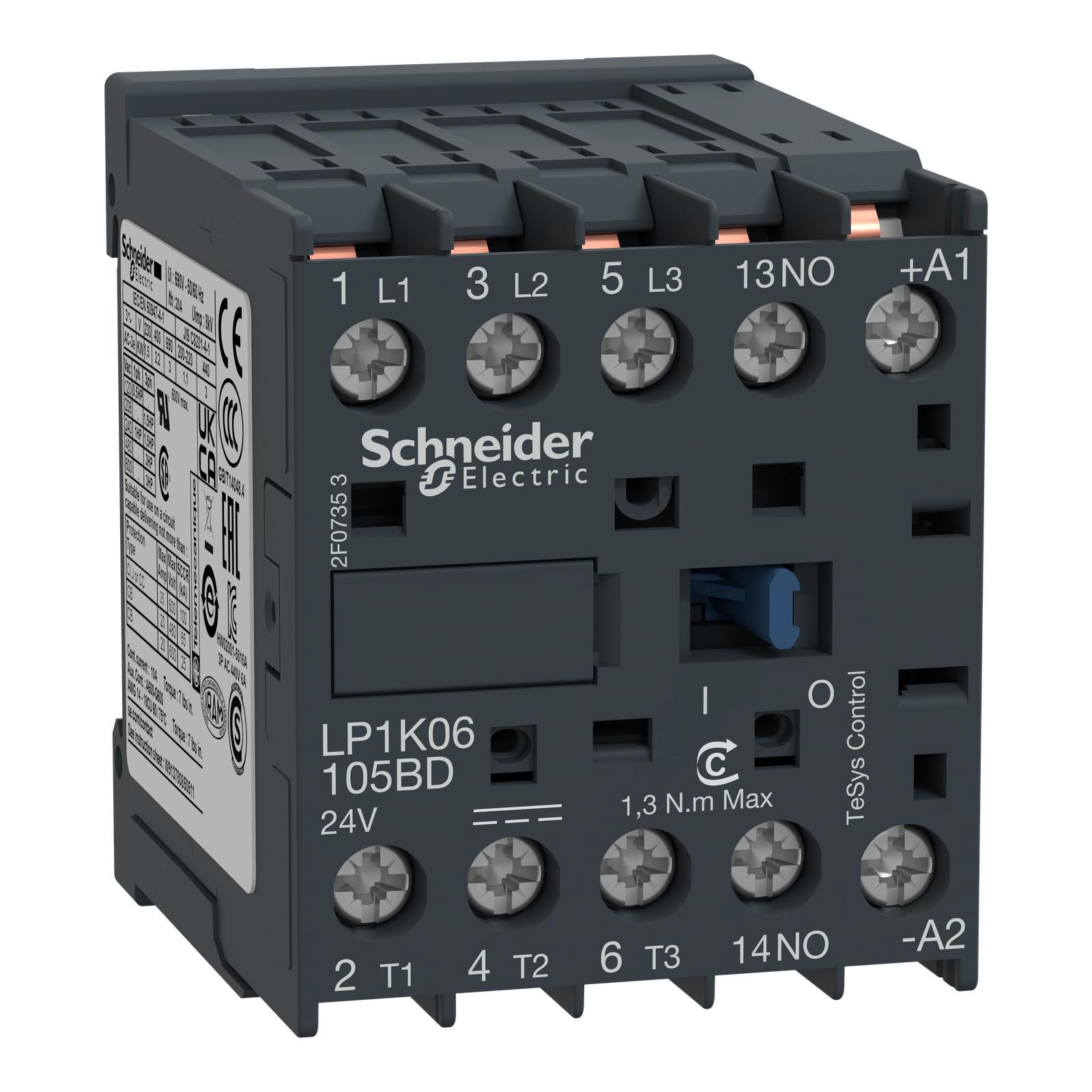Contactor, TeSys K, 3P, AC-3, lt or eq to 440V, 9A, 1 NO aux, 24VDC coil